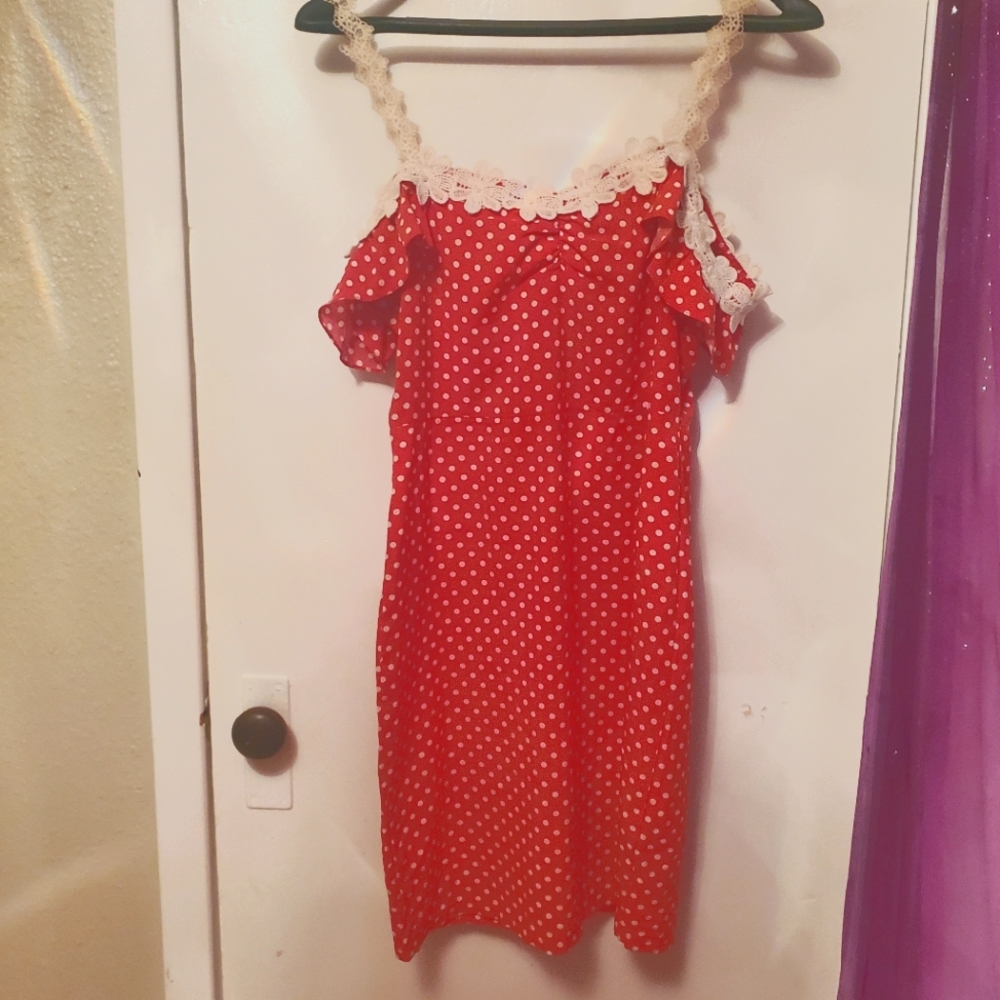 Large C.B.R. Red and White Polka-Dot Midi Dress W Lace Embellishment